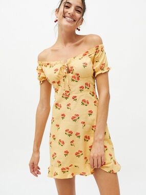 Urban Outfitters Yellow Floral Puff-Sleeve Mini Dress